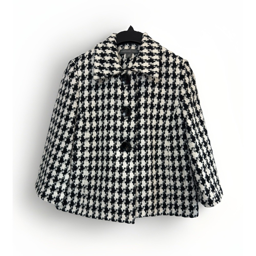 Josephine Chaus Women's Size 6 Houndstooth Lined Jacket 3/4 Sleeve Black/White